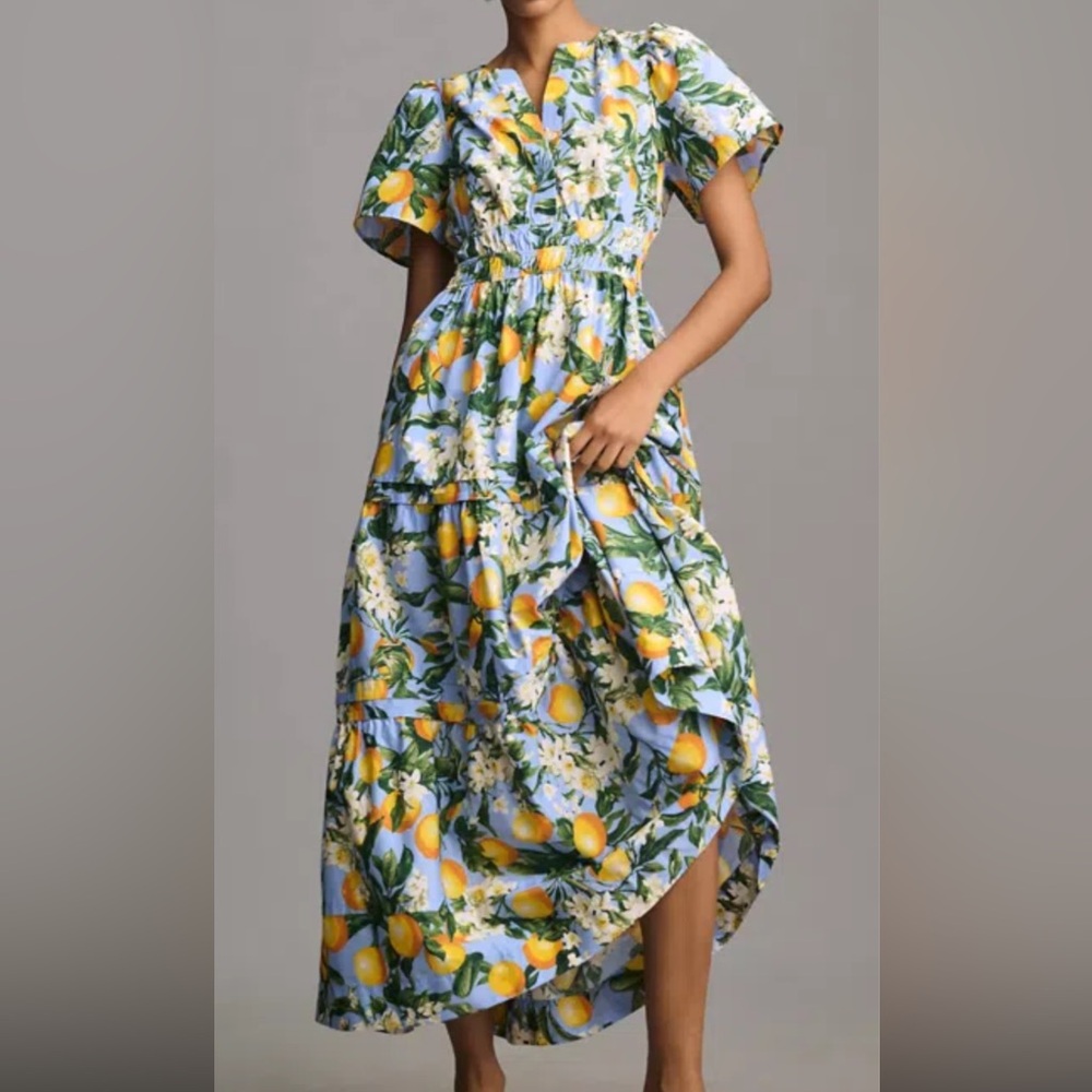 Anthropologie Blue and Yellow Floral High Low Dress